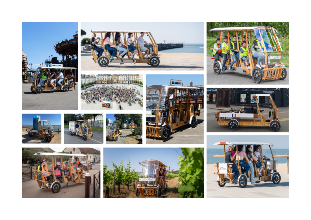 Vélo bus woodybus, surnommé S'Cool Bus vélobus velobus quadricycle vélo collectif WB9P WB WD 
Vélogistique Woodytruck quadricycle logistique décarbonée WT WT1P WT3P
Vélo bus Woodyspace WB7P Rosalie 
Vélo bus touristique Woodyspace Inclusif WB7PI mobilité inclusive 